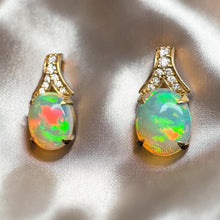 Load image into Gallery viewer, Opal Diamond Drop Earrings in 18K Gold, Natural 3.64ct Orion Opal Designer Chromia Dangle Earrings, October Birthstone Anniversary Gift Wife