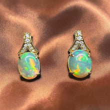 Load image into Gallery viewer, Opal Diamond Drop Earrings in 18K Gold, Natural 3.64ct Orion Opal Designer Chromia Dangle Earrings, October Birthstone Anniversary Gift Wife