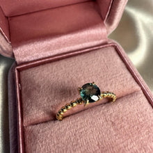 Load image into Gallery viewer, Teal Sapphire Ring in 14K Yellow Gold – .75ct Untreated Unheated Natural Greenish Blue Sapphire Round Cut Beaded Band Stacking Ring –Size 6