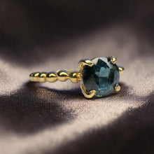 Load image into Gallery viewer, Teal Sapphire Ring in 14K Yellow Gold – .75ct Untreated Unheated Natural Greenish Blue Sapphire Round Cut Beaded Band Stacking Ring –Size 6