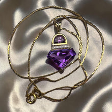 Load image into Gallery viewer, Natural Amethyst & Diamond Necklace in 14K Gold -17" Chain Retro Circa 1980's Contemporary Estate 4.4g February Birthstone Fine Jewelry