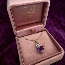 Load image into Gallery viewer, Natural Amethyst & Diamond Necklace in 14K Gold -17" Chain Retro Circa 1980's Contemporary Estate 4.4g February Birthstone Fine Jewelry