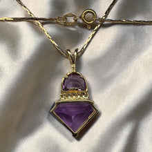 Load image into Gallery viewer, Natural Amethyst & Diamond Necklace in 14K Gold -17" Chain Retro Circa 1980's Contemporary Estate 4.4g February Birthstone Fine Jewelry