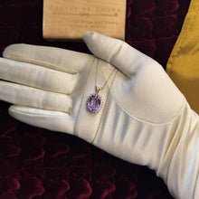 Load image into Gallery viewer, Natural Amethyst & Halo Diamond Necklace – 14K Gold – 20" – Large 4.5ct Oval Cut – Vintage Estate – 3.8g –February Birthstone – Fine Jewelry