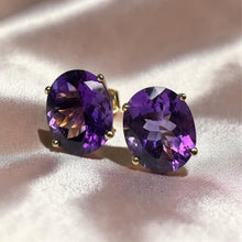 Load image into Gallery viewer, Vintage- 14K Gold Natural Amethyst Earrings Large 5CT T.W. Oval Cut Earth Mined African Amethyst 10mm Studs February Birthstone Estate