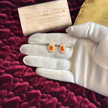 Load image into Gallery viewer, Mexican Fire Opal Diamond Earrings, 14K Yellow Gold Double Halo Drop Earrings 1.76CTTW Designer KHR, October Birthstone Anniversary Gift