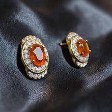 Load image into Gallery viewer, Mexican Fire Opal Diamond Earrings, 14K Yellow Gold Double Halo Drop Earrings 1.76CTTW Designer KHR, October Birthstone Anniversary Gift