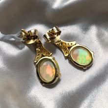 Load image into Gallery viewer, Opal Diamond Drop Earrings in 18K Gold, Natural 3.64ct Orion Opal Designer Chromia Dangle Earrings, October Birthstone Anniversary Gift Wife