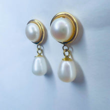 Load image into Gallery viewer, Authentic Solid 14k Yellow Gold Button Pearl &amp; Drop Pearl Dangle Earrings 3.2g
