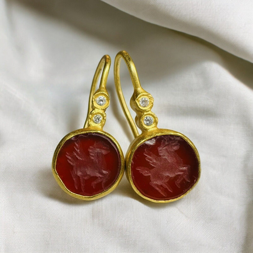 23k Gold Agate Pegasus Intaglio Diamond Earrings 18k Gold Ancient Mythology 3.7g