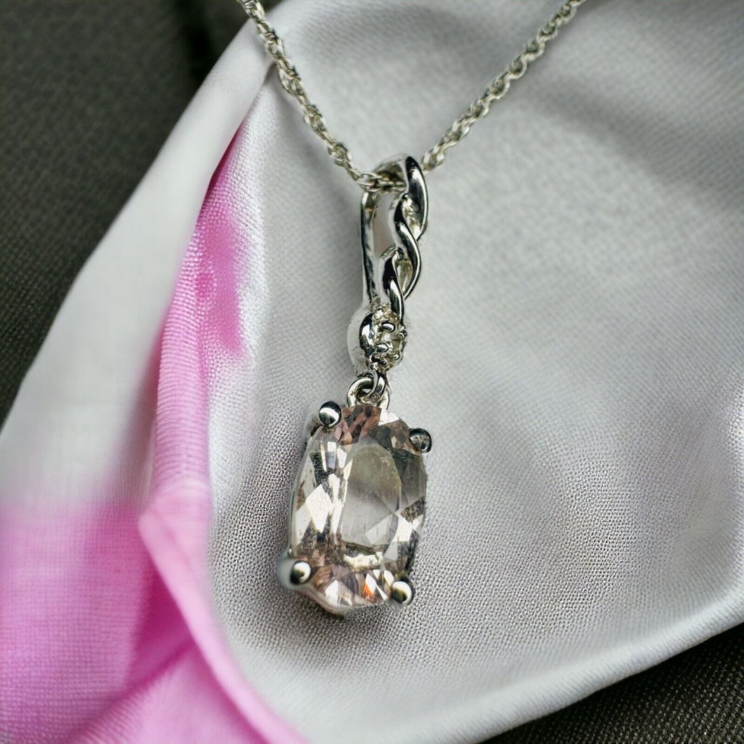 14k White Gold Natural Pink Morganite Diamond Necklace 18