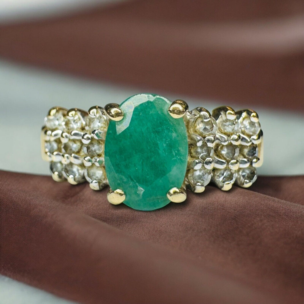 10k Gold Natural Emerald Diamond Ring Sz 8.25 Earth Mined Emerald Ring 3g