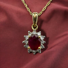 Load image into Gallery viewer, 14k Gold Natural Ruby Necklace 18&quot; Halo Diamond Necklace July Birthstone 1.4g
