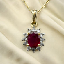 Load image into Gallery viewer, 14k Gold Natural Ruby Necklace 18&quot; Halo Diamond Necklace July Birthstone 1.4g
