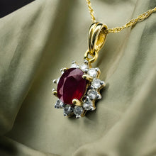 Load image into Gallery viewer, 14k Gold Natural Ruby Necklace 18&quot; Halo Diamond Necklace July Birthstone 1.4g
