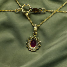 Load image into Gallery viewer, 14k Gold Natural Ruby Necklace 18&quot; Halo Diamond Necklace July Birthstone 1.4g
