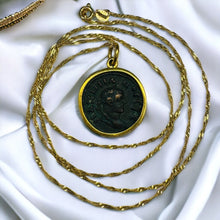 Load image into Gallery viewer, 22k Gold Ancient Roman Coin Necklace 24&quot; Alexandria Egypt Maximianus Tetradrachm Billon Coin 291-292 AD Egyptian Necklace Emperor Caesar Maximianus Gladiator Pendant
