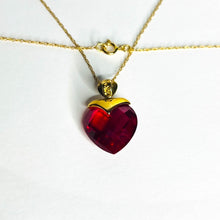 Load image into Gallery viewer, 10k Yellow Gold Ruby Diamond Necklace 18&quot; BIG 13mm Heart Briolette Red Ruby 3.2g
