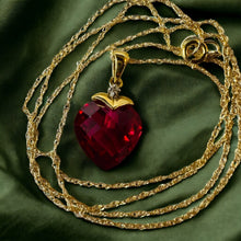 Load image into Gallery viewer, 10k Yellow Gold Ruby Diamond Necklace 18&quot; BIG 11mm Heart Briolette Red Ruby 1.8g
