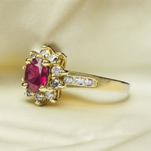 Load image into Gallery viewer, 14k Gold Natural Ruby Ring Sz 8 Oval Cut Ruby &amp; Halo Diamond Ring 2/3CTTW 2g
