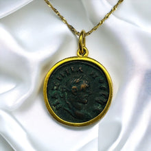 Load image into Gallery viewer, 22k Gold Ancient Roman Coin Necklace 24&quot; Alexandria Egypt Maximianus Tetradrachm Billon Coin 291-292 AD Egyptian Necklace Emperor Caesar Maximianus Gladiator Pendant
