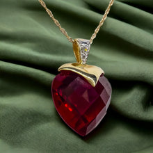 Load image into Gallery viewer, 10k Yellow Gold Ruby Diamond Necklace 18&quot; BIG 13mm Heart Briolette Red Ruby 3.3g
