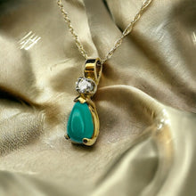 Load image into Gallery viewer, 14k Gold Natural Turquoise &amp; Diamond Necklace 18&quot; Pear Cut Cabochon Solitaire 1g
