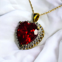 Load image into Gallery viewer, 10k Yellow Gold Ruby &amp; Diamond Necklace 18&quot; LARGE 12mm Heart Cut Red Ruby 6.2Cttw Halo Diamond Pendant 3.4g Ruby Necklace
