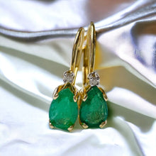 Load image into Gallery viewer, 10k Gold Diamond &amp; Natural Emerald Earrings 1 CTTW Leverback Hoop Earrings 1.2g
