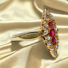 Load image into Gallery viewer, Antique 10k Gold Ruby Diamond Navette Ring Size 7 Rose Cut Gems Victorian 2.4g
