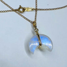 Load image into Gallery viewer, 14k Yellow Gold Crescent Moonstone &amp; Diamond Necklace 15&quot; Solid 585 Gold 2.4g
