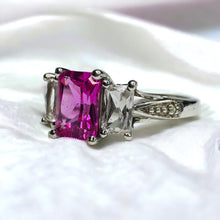 Load image into Gallery viewer, 10k White Gold Pink Sapphire Diamond Ring Sz 7 Emerald Cut Three Stone 1.9g
