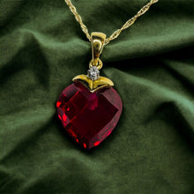 Load image into Gallery viewer, 10k Yellow Gold Ruby Diamond Necklace 18&quot; BIG 11mm Heart Briolette Red Ruby 1.8g
