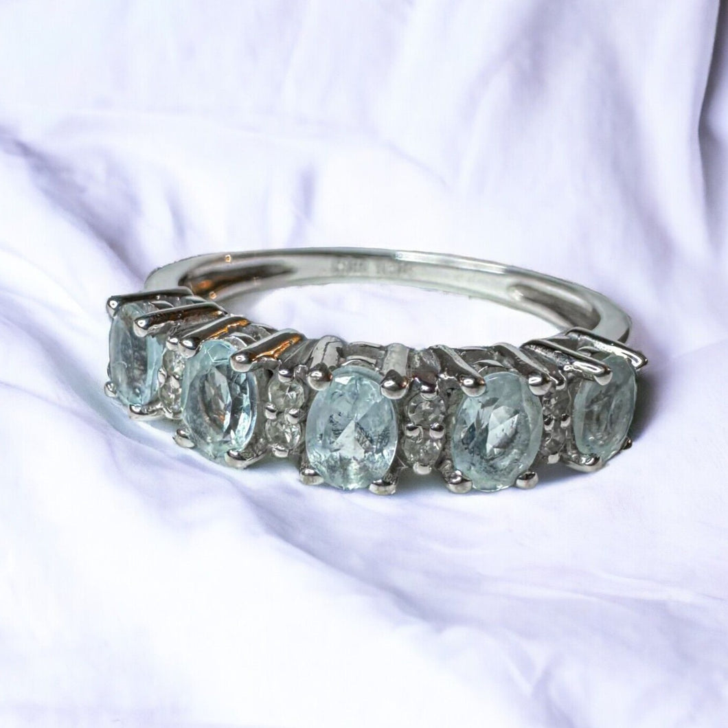 10k White Gold Aquamarine & Diamond Ring Size 7 Five Stone Engagement Ring 2.4g