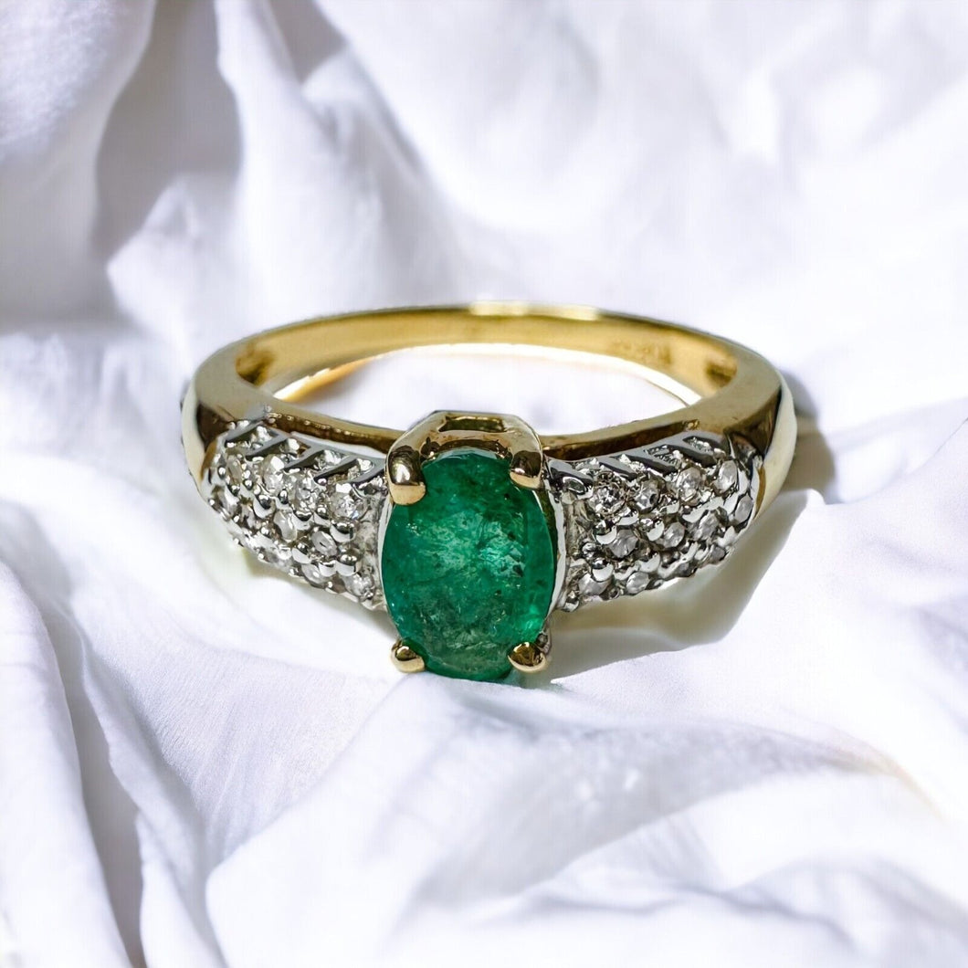 10k Gold Natural Emerald & Diamond Ring Sz 7.75 Oval Cut Emerald Pave Diamonds