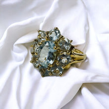 Load image into Gallery viewer, 10k Gold Aquamarine Ring Size 7.25 Vintage 3 Carat Aquamarine Cluster Ring 3.3g
