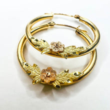 Load image into Gallery viewer, 10k Yellow Gold Hoop Earrings 24mm Hoops Rose Gold Flower Earrings 1.5g
