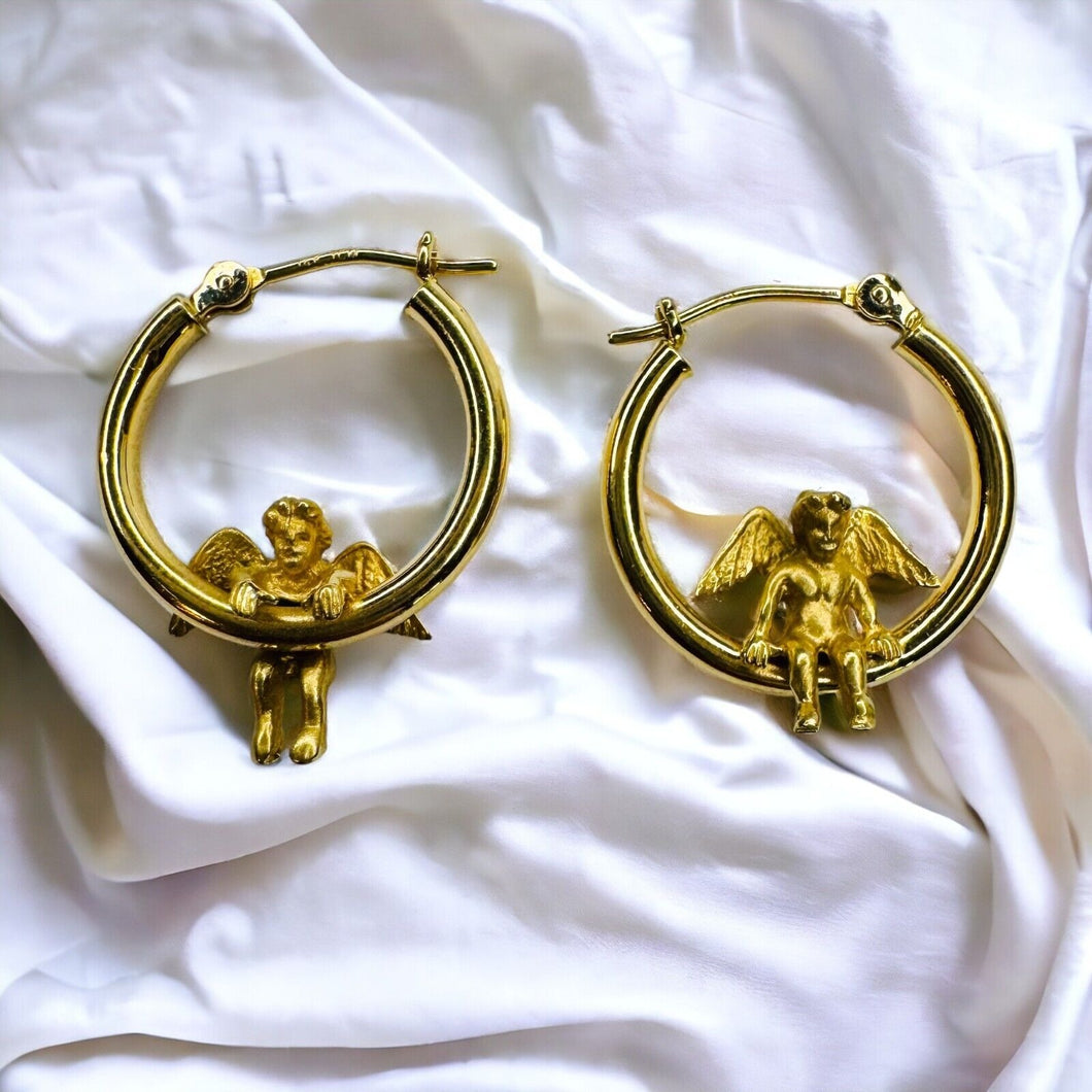 14k Gold Cherub Hoop Earrings 21mm Hoops Baby Angel Guardian Angel Hanging 2g