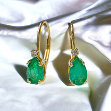 Load image into Gallery viewer, 10k Gold Diamond &amp; Natural Emerald Earrings 1 CTTW Leverback Hoop Earrings 1.2g
