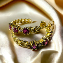 Load image into Gallery viewer, 14k Gold Diamond &amp; Natural Ruby Earrings 3/4 CTTW Rope J Hook Half Hoops 2.5g
