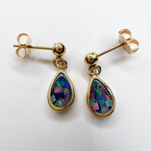 Load image into Gallery viewer, 14k Yellow Gold Australian Black Opal Earrings 15mm Mosaic Opal Dangle Earrings
