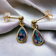 Load image into Gallery viewer, 14k Yellow Gold Australian Black Opal Earrings 15mm Mosaic Opal Dangle Earrings
