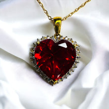 Load image into Gallery viewer, 10k Yellow Gold Ruby &amp; Diamond Necklace 18&quot; LARGE 12mm Heart Cut Red Ruby 6.2Cttw Halo Diamond Pendant 3.4g Ruby Necklace

