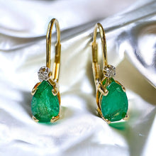 Load image into Gallery viewer, 10k Gold Diamond &amp; Natural Emerald Earrings 1 CTTW Leverback Hoop Earrings 1.2g
