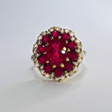 Load image into Gallery viewer, 10k Yellow Gold 2cttw Ruby Cluster Ring Size 7 Flower Ring 8mm Ruby 3.5g July Birthstone White Sapphire Ring Anniversary Gift for Wife

