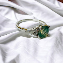 Load image into Gallery viewer, 10k White Gold Moss Agate &amp; Diamond Ring Size 6.5 Round Cut Engagement Ring 2.4g
