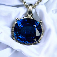 Load image into Gallery viewer, 10k White Gold 6 cttw Genuine Blue Sapphire Halo Diamond Necklace 17&quot; 5.4g
