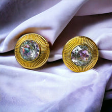 Load image into Gallery viewer, Antique 14k Gold Aurora Borealis Topaz Earrings Celestial Disk Studs 2.4g
