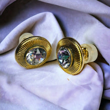 Load image into Gallery viewer, Antique 14k Gold Aurora Borealis Topaz Earrings Celestial Disk Studs 2.4g
