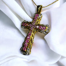 Load image into Gallery viewer, 10k Yellow Gold Pink Sapphire &amp; Diamond Cross Necklace 19&quot; LARGE 1.26CTTW Natural Pink Sapphire Necklace 4.8g
